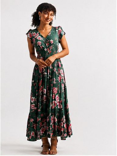 Green floral maxi dress, part of the women's clothing carried at Amarettos in downtown Dundas
