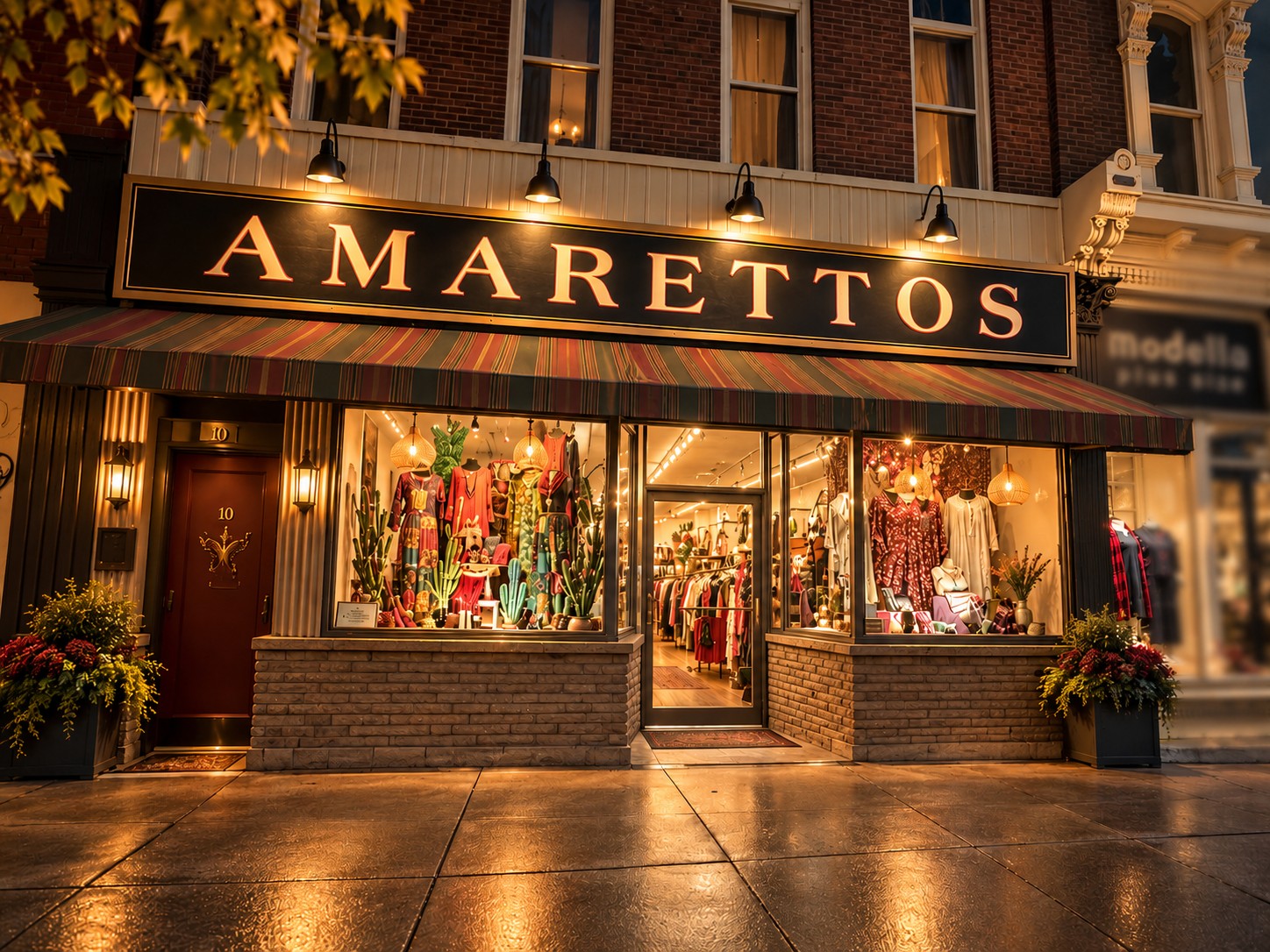 The Amarettos shopfront at 21 King St W in downtown Dundas, Ontario, in the evening: gold lettering on a black sign above a striped awning, two lit window displays and an open door